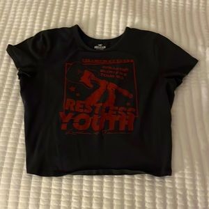 gray/black hollister top with red writing